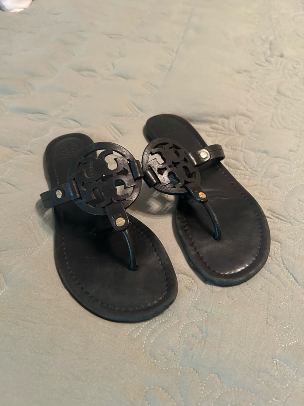 Tory Burch Dark Brown Leather Logo Thong Sandals
